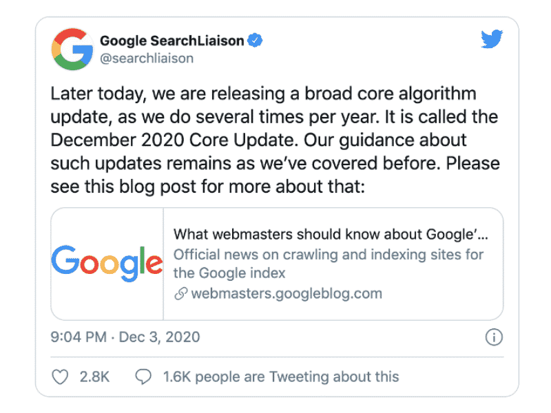 google searchliason released on twitter details on broad core algorithm update called december 2020 core update