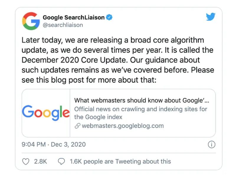 google searchliason released on twitter details on broad core algorithm update called december 2020 core update